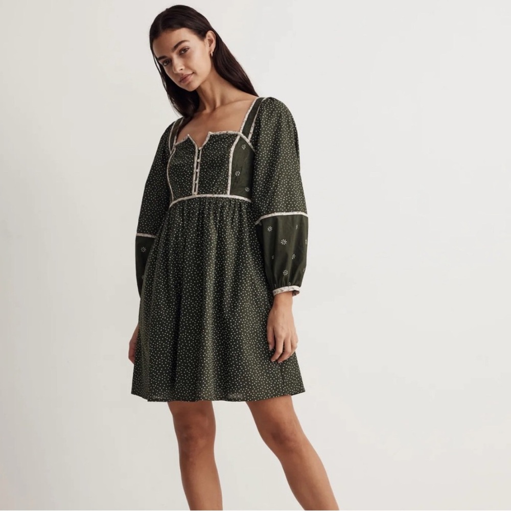 Madewell Green Smocked Mini Dress with Bishop Sleeves